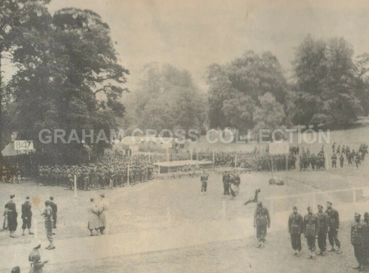 The boxing ring set up by the 923rd for 'Joe Louis Day' at Haughley Park. The large boards visible were for organising the crowds of spectators by battalion number.