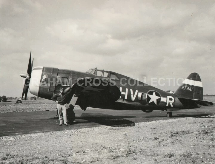 Lt. Norman E. Brooks of the 61st Fighter Squadron, 56th Fighter Group with his P-47 Thunderbolt ‘Grumpy’ at Halesworth.