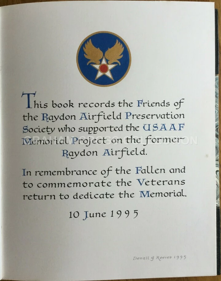 The title page from the donations book for the memorial recording all the names of those that aided the project financially. Local artist, Denzil Reeves, produced this as a special commission.