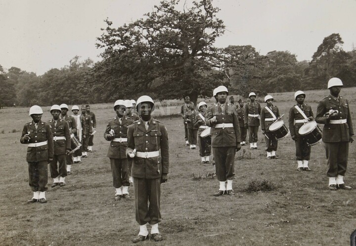 The 827th and 859th also organised a joint 'Drum and Bugle Corps' seen here at Haughley Park. (Hallock Collection)