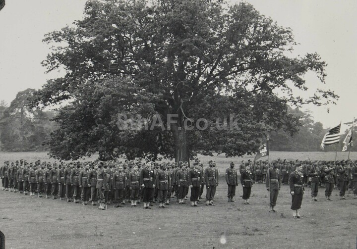 Personnel of the 923rd HQ assembled at Haughley Park for 'Joe Louis Day.' (Hallock Collection)