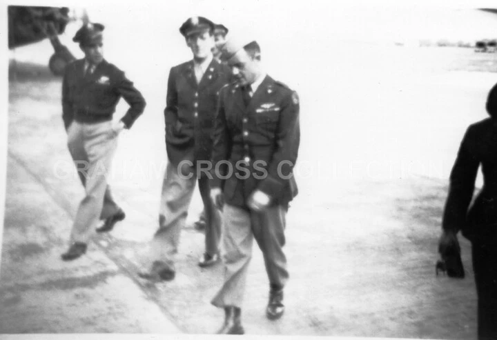Major Alton Glenn Miller visits Boxted August 6, 1944 walking with commander of the 56th Fighter Group Col Hubert Zemke.