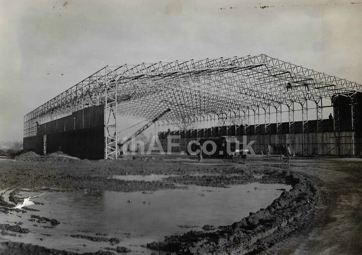 Nearly complete, one of the T2 Hangars at Debach is fitted with an outer covering by the 847th Engineer Aviation Battalion. (Hallock Collection)