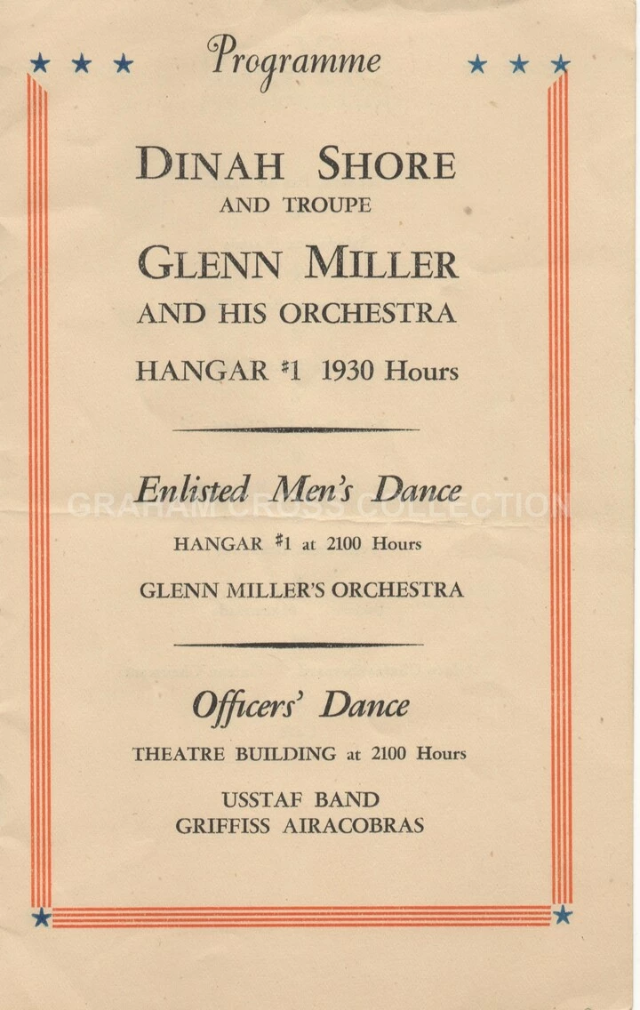 Glenn Miller was due to perform at the party at Bury St. Edmunds but had to cancel. The reportedly left Dinah Shore none too happy at having to lead without the famous bandleader.