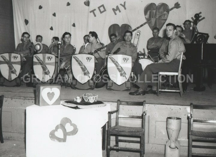The 95th Bomb Group Band at a Valentine Dance held in the Ipswich American Red Cross Club, February 1945.