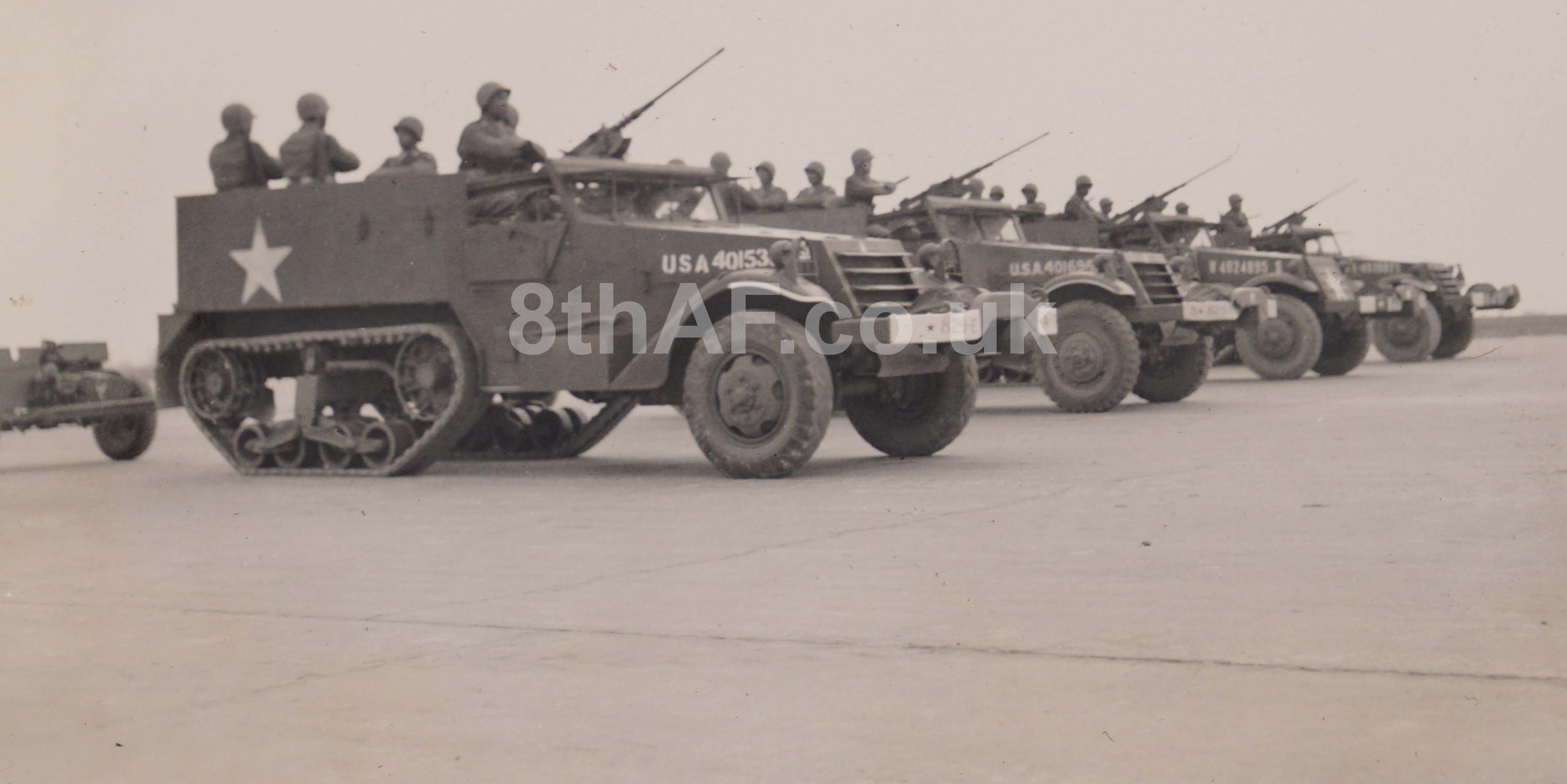 Half-Tracks of the 829th at the Debach handover ceremony, May 1, 1944. (Hallock Collection)