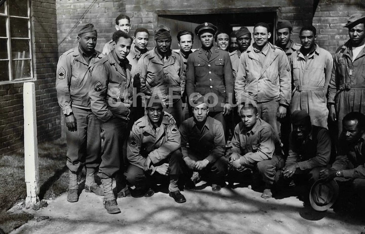 829th HQ Enlisted men with T/Sgt. Hardy (centre) at Debach. Hardy was described as 'one of our best soldiers' and was likely posing just after receiving his Legion of Merit award. (Hallock Collection)