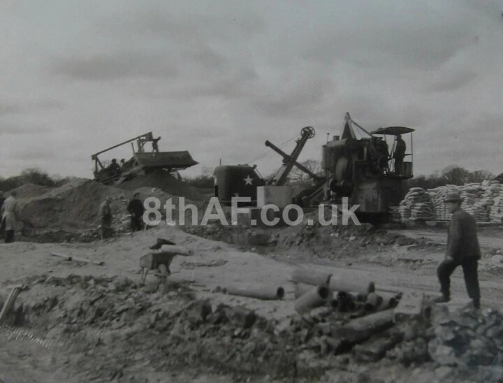 The 827th Engineer Aviation Battalion worked to maintain many of the airfields across East Anglia. Here the men are working at Thorpe Abotts, Norfolk, home of the 100th Bombardment Group.