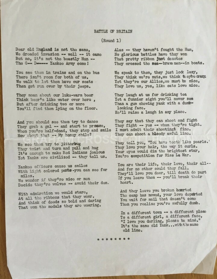An English girl’s lament or the ‘Battle of Britain’ was a commonly circulated poem among Americans in Britain during WWII.