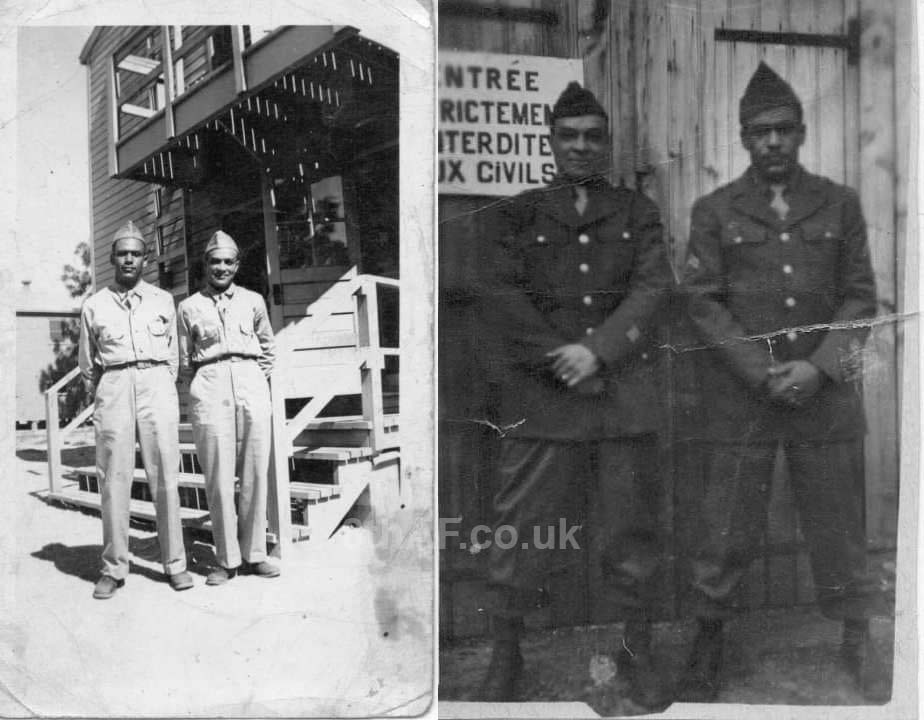 The photo on the left shows Tec 5 Alfredo Guitano (right) believed to be with his friend and comrade, Tec 4 Donald J. Brown. Both were from New York and enlisted on the same day. The photo is believed to have been taken in Florida so likely when the 847th were stationed at MacDill Field. The second photo on the right is of Guitano and Brown again, this time, 'Somewhere in France' in late 1944/1945. (Guitano Family Collection)