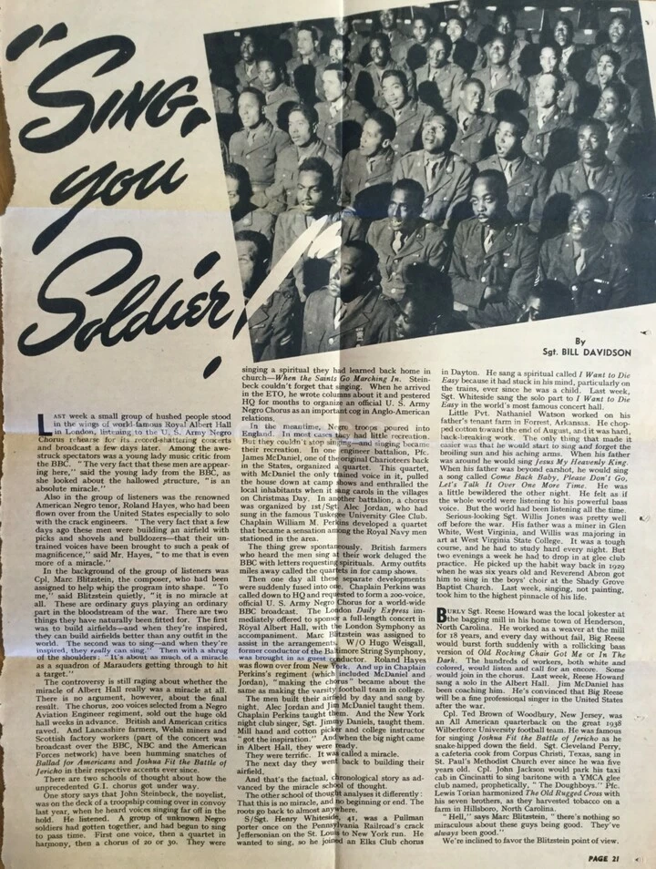 An article from ‘Yank’ Magazine in 1943 reporting on the ‘Negro Chorus’ and the involvement of famed author, John Steinbeck.