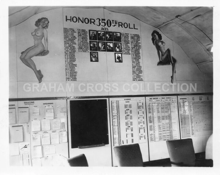 This ‘Honor Roll’ at Raydon still exists in the US Air Force Museum at Dayton, Ohio. The four ladies (there were a further two at the other end of the 350th Fighter Squadron’s ‘Ready Room’ are now preserved at the Norfolk and Suffolk Aviation Museum.