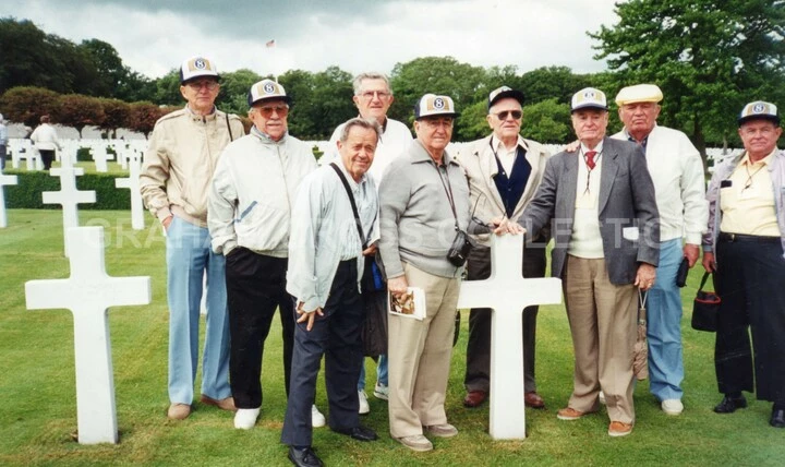 Members of the 353rd Fighter Group visit Madingley in June 1995. Left to right are Inman, Seigmartin, Frahm, Fulton, Spriggs, Canipelli, Petticrew, Graham and Fulton.